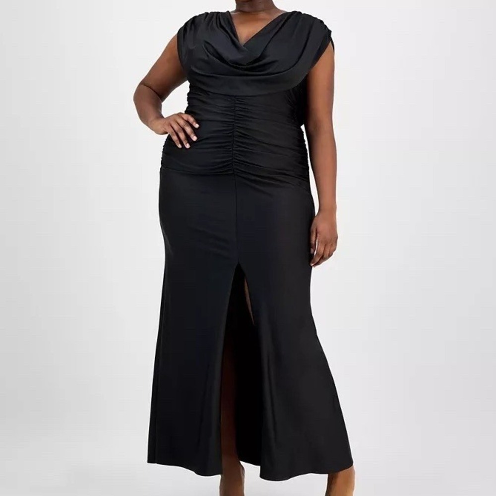 B Darlin Draped Shiny-Knit Maxi Black Dress Sleeveless Stretch Womens Plus 16W